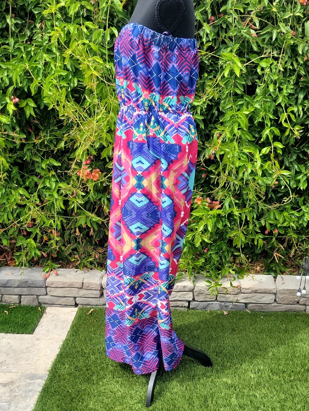 Strapless Colorful Tribal Patterened Maxi Dress XL - Picture 5 of 12